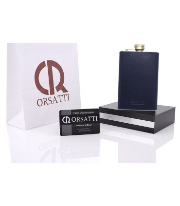 Skórzana Piersiówka Orsatti w drewnianym pudełku, kolor granatowy