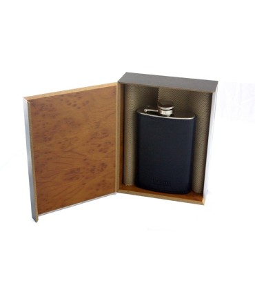 Skórzana Piersiówka Orsatti w drewnianym pudełku, kolor granatowy